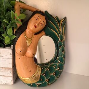 BALINESE MERMAID MIRROR SEA GODDESS HAND CARVED PAINTED WOOD BALI FOLK ART TEAL